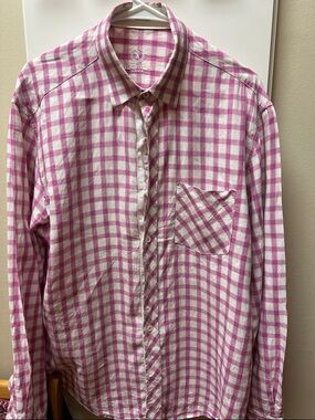 Men's Bugatchi Pink and White Check Button-Down linen 17 in neck shirt